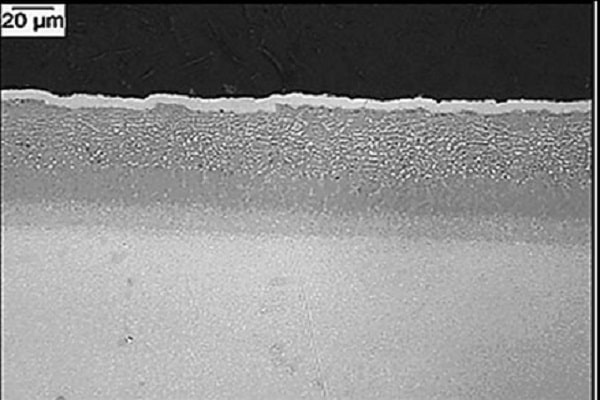 تصویر SEM از سطح مقطع پوشش­ آلومينايدي پلاتین رشد یافته خارجی( لایه سفید فوقانی نیکل است)